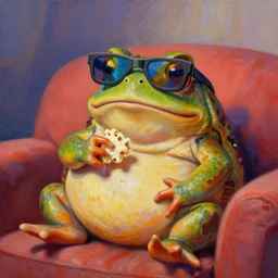 hyper realistic oil painting of chubby toad watching a movie on the couch eating some popcorn, vibrant colors, anaglyph glasses, high contrast, by greg rutkowski, trending on artstation