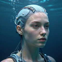 a realistic detailed portrait of a woman with wires in her head, underwater, science fiction, artstation, volumetric lighting, octane render,