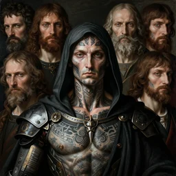 8 k headshot of hyper detailed perfect renaissance painting of godlike reaper covered in dark tattoos on chest neck and face, futuristic robes, muscular, intricate details, award winning, intricate photo realistic faces, art by michaelangelo and rembrandt, post - processed, taste of horror