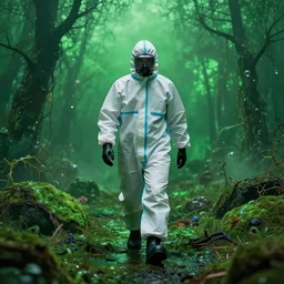 man in a hazmat suit wandering in a green toxic landscape