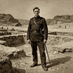 ultra detailed photorealistic sepia - toned painting from 1 9 1 7, a british officer in field fear standing at an archaeological dig site in wadi rum, ultra realistic, painted, intricate details, lovecraft, atmospheric, dark, horror, brooding, highly detailed, by angus mcbride
