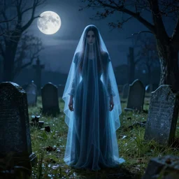 the ghost of a young woman in an ancient graveyard, gravestones, crypts, high - resolution render by stephan martiniere, beeple, simon stalenhag, hdr, super - resolution, perspective, full moon, real - time ray tracing, global illumination, vivid colors, ghost, spectre, haunted