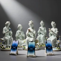 A porcelain composition of figurines staring down at their iphones