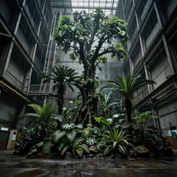 a fake rainforest in the basement of a massive industrial building, dark