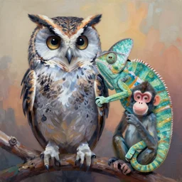 painting of hybrid between owl & chameleon! & ( ( ( ( monkey ) ) ) ), intercrossed animal, by tiffany bozic, cold hue's, warm tone gradient background, concept art, single object scene, beautiful composition, digital painting