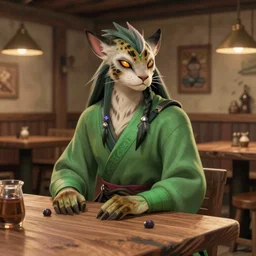DnD character art of a tabaxi druid in a tavern, digital art