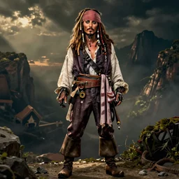 detailed ultrarealistic medium shot photography of nicholas cage as jack sparrow cinematic full body shot