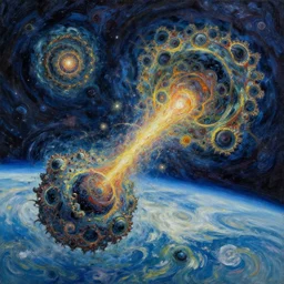 black holes merging, painting by vincent van gogh, space, sky, seen from earth, oil painting, 8 k, highly detailed, fractal, mandelbulb fractal