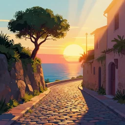 a lonely cobblestone street with a tree on a cliff over the sea at sunset, brightly illuminated by rays of sun, artstation, colorful vector illustration, by Goro Fujita and Simon Stalenhag , 8k, trending on artstation, hyper detailed, cinematic