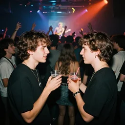 2 friends partying at an alternative concert with drinks, crowd in the back, surrealism