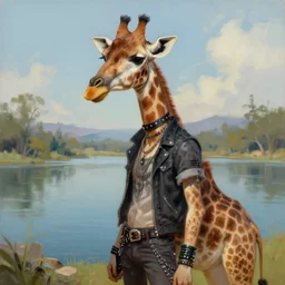 Beautiful portrait digital painting, oil painting, anthro anthropomorphic giraffe androgynous , at a lake anarchist anarcho-punk Punk Punk outfit. furaffinity, artstation