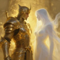 paladin and ghost duo, golden, ethereal back light, volumetric light, close up, coherent composition, fantasy painting by artgerm, wlop, daarken