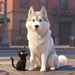 a white huskey sitting with a black cat on the streets of new york, still from animation movie, 3 d cell shaded, beautifull lighting, animation, ghibli, pixar, disney