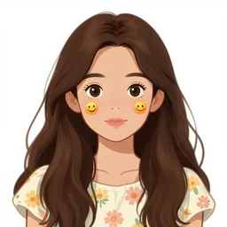 hispanic girl with long brown hair, flower dress, face, sticker, emoji, white background, by rossdraws, ghibli