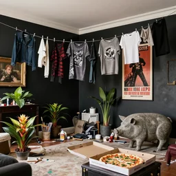 photograph of emo clothes drying in a messy luxury apartment, art supplies, propaganda poster, a large stone pig sculpture, ikebana, black walls, bromeliad, empty vegan pizza box