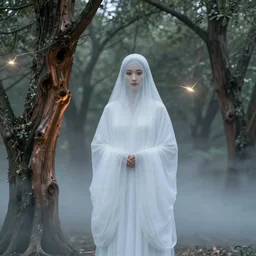 a portrait of the ghost lady with a wood spirit in the trees with misty will o the wisp, photorealistic, by wlop, 4 k resolution h 7 6 8