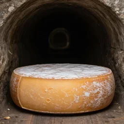 photo of a wheel of cheddar cheese in a dark tunnel