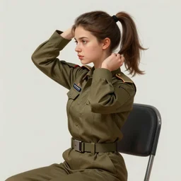 girl wearing military uniform, sitting on a chair, hands in her hair, brown hair in a ponytail. side-view, highly detailed, digital painting, artstation, concept art, smooth, sharp focus, illustration, art by artgerm and alphonse mucha, high definition digital art, in the style of Ross tran and ilya kuvshinov