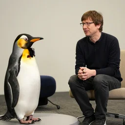 linus torvalds interviewing a penguin