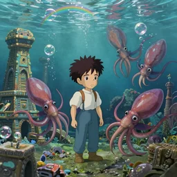 Vivid ultra realist and ultra intricate detailed 3d render, cute ghibli painting of an underwater environment in the style of studio ghibli, artwork by Hayao Miyazaki and Isao Takahata, squids, aztec ruins, , bubbles, elegant, reflections, focus, volumetric water, rainbow lighting, award winning, trending in cgsociety artstation deviant art, octane render, by Beeple