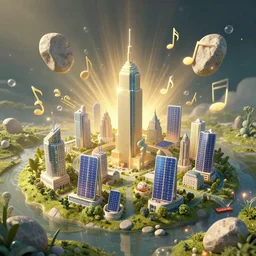organic solar city clearing with floating stones surrounded by stylized musical notes, terraformation, bubbles, radiant lighting, sylvain sarrailh, artstation, ismail inceoglu, liam brazier, petros afshar