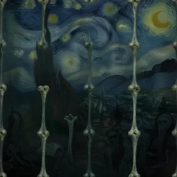seamless bone pattern in the style of van gogh, eerie, dark, crowded, scary, foggy, artstation, digital art.
