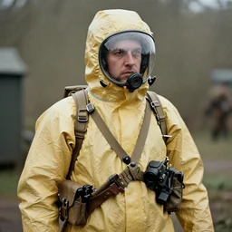 man in a anti-radiation hazmat suit, ww1 film photo, grainy, high detail, high resolution
