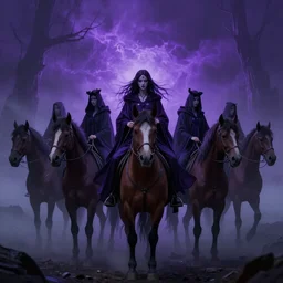 7 ghost sorceress with with caps, riding horses, in a with fog background, purple lighting's in the sky, dark mood, octane rendering, 8k