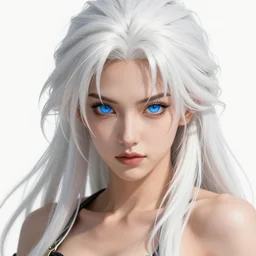 close - up headshot portrait of a gorgeous anime barbarian woman, white long messy hair and blue eyes, highly detailed, muscular, very beautiful face, digital art, pixiv fanbox, trending on artstation, ray tracing, volumetric lighting, sharp focus, hq, by greg rutkowski, artgerm, wlop, miyazaki hayao