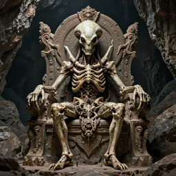 hyper realistic photography of intricate horrific alien bone god sitting on ruined ornamented rock throne in a rocky cave detailed, greg rutkowski, ross tran, moebius, lovecraft, artstation, cgsociety
