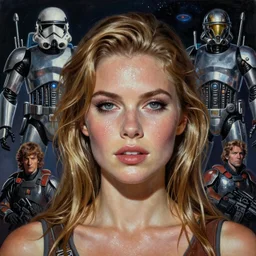 A mixed media portrait painting of a very beautiful light-brown-hair / blonde woman on an alien planet, sweat, aesthetic symmetrical face and eyes, photorealistic, model, wet, starship-troopers, pacific-rim-mech in background, eighties pinup style, by Frank Frazetta, Boris Vallejo, Beeple, Greg Rutkowski, Christian MacNevin, epic fantasy character art, high fantasy, CGsociety, exquisite detail, post-processing, masterpiece, cinematic