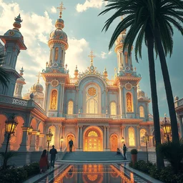 bright sleek solarpunk palace exterior, extreme opulence, realistic, high detail, utopia, cinematic, futuristic, highly detailed hyperornate trending on artstation