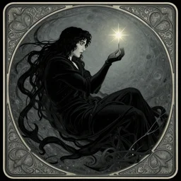 a true hero, sinking, wrapped in black, clutching a hopespark in the drifting voids. Art Nouveau, by Vincent Di Fate and Tim Burton