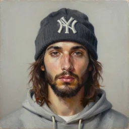 a face portrait of modern - day jesus wearing hat and hoodie by nicola samori, hat and hoodie, detailed, oil painting, hyper - realistic, 8 k, yeezy collection