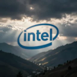 a blurry intel logo rotated slightly, fuzzy. unclear