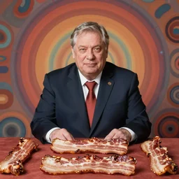 portrait of psychedelic viktor orban sitting behind a table full of bacon