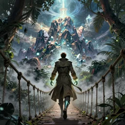 [ comic ] book art of a [ man ] in trenchcoat with ( glowing ) [ gloves ] and [ boots ] crossing a [ old ] [ rope ] bridge in a [ jungle ] looking up at a [ mountain ] made of crystalized rock, a [ glowing tower ] extends into the sky, low angle, illustration, elegant, cyberpunk, volumetric fog, arcane by tim doyle