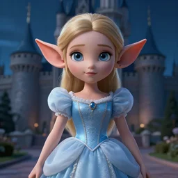 Ultra Realistic, Extreme Detailed,Cinematic, Photorealistic,Full- Body with face and both arm, Anatomical, Symmetrical, human ears insanely detailed, Normal human eyes extremely detailed, Blonde hair girl in princess dress costume, Background royal castle, Background Midnight tone 2K