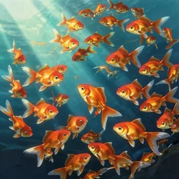 portrait of goldfishes swarming the ocean. shadow and light. rays of light. energetic, dynamic, lively, detailed, intricate, complex. fine art by hayao miyazaki, akira toriyama, and makoto shinkai.