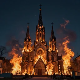surrealist collage art of burning churches at night