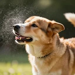 High speed camera still frame of of a dog shaking left to right in the sunlight. Photorealistic, cinematic, Award winning, ultra high resolution, intricate details, UHD 8K