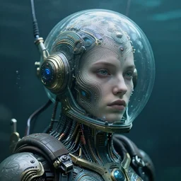biopunk cyborg portrait by julie bell, intricate biopunk patterns, glass bubble helmet, underwater, detailed!, very sharp!!!