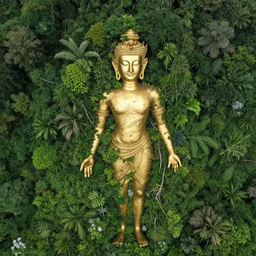 a photo of aerial view of a 110 millions year old gold sculpture covered by the jungle
