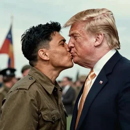 a wwii us propaganda portrait of kim jong - un kissing donald trump by elvgren and dan mumford