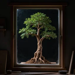 bonzai tree at the window in a dark carpentry room at night, close up, studio lighting, dark backdrop, 3 3 mm