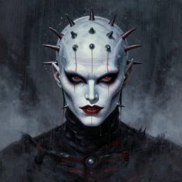 demonic, sly, cunning, hellish creature from the hellraiser movies, face centered portrait, confident, unused design, nightmare world, fog, rain, volumetric lighting, realistic illustration, perfectly shaded, soft painting, art by krenz cushart and wenjun lin