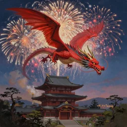 Stunning Portrait of A Red dragon flying above a Feudal Japan temple, during a fire works festival at night by Kim Jung Gi, Blizzard Concept Art Studio Ghibli. oil paint. 4k. by brom, Intense fireworks by Ross Tran, Greg Rutkowski, Mark Arian, soft render, octane, highly detailed painting, artstation