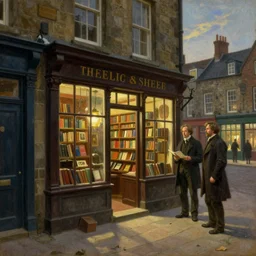 Cornelis Springer and Richard Schmid and Willem Koekkoek victorian genre painting painting of an english 19th century english bookshop store front on a stone city streat with shops and stores at night with cozy lights