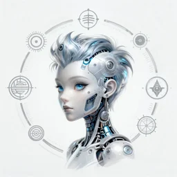 a cybernetic pixie surrounded by power sigils, centered composition, crisp 8 k line art, digital painting, artstation, unreal engine, octane render, emissive lighting, concept art, matte, sharp focus, hyper realistic lighting, illustration, art by shintaro kago and james jean