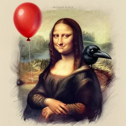 surrealism grunge cartoon portrait sketch of a raven with a wide smile and a red balloon by - michael karcz, loony toons style, mona lisa style, horror theme, detailed, elegant, intricate